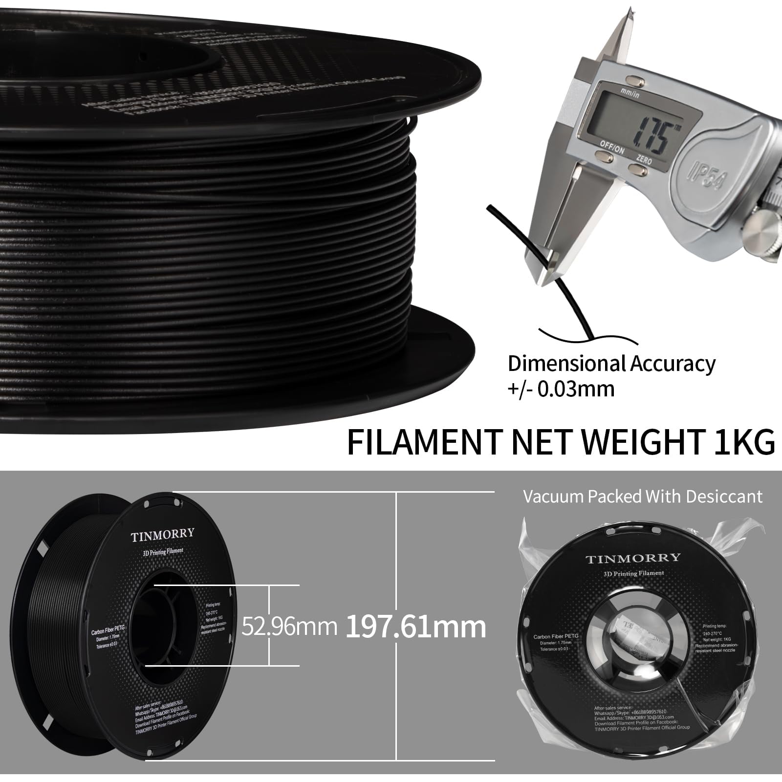 TINMORRY Filament PETG CF 1,75 mm, Filament pour Imprimante 3D 1 kg, Noir | PETG Fibre Carbone Haute Rigidité Résistant Chaleur Pièces Techniques