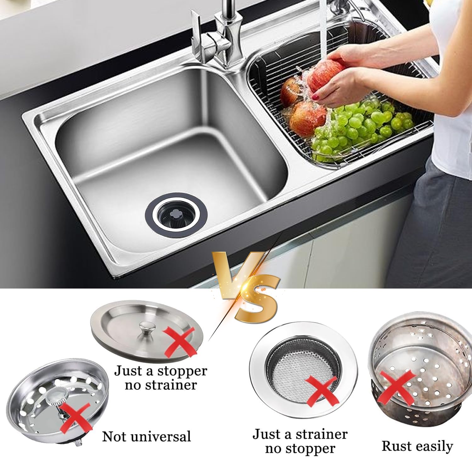 Bouchon Évier 3 En 1 Acier Inox - Pop-up Avec Filtre Et Noyau Cuivre (75-87 Mm)