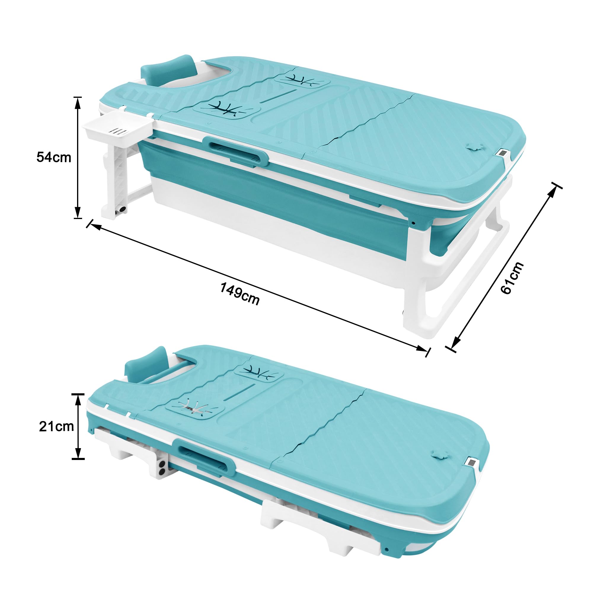 LARS360 Badewanne Erwachsene Faltbare 149 x 64 x 54 cm Klappbare Mobile Badewanne mit abnehmbare Abdeckung, Thermometer, Massagerollen Lagerregal, Kissen, Blau