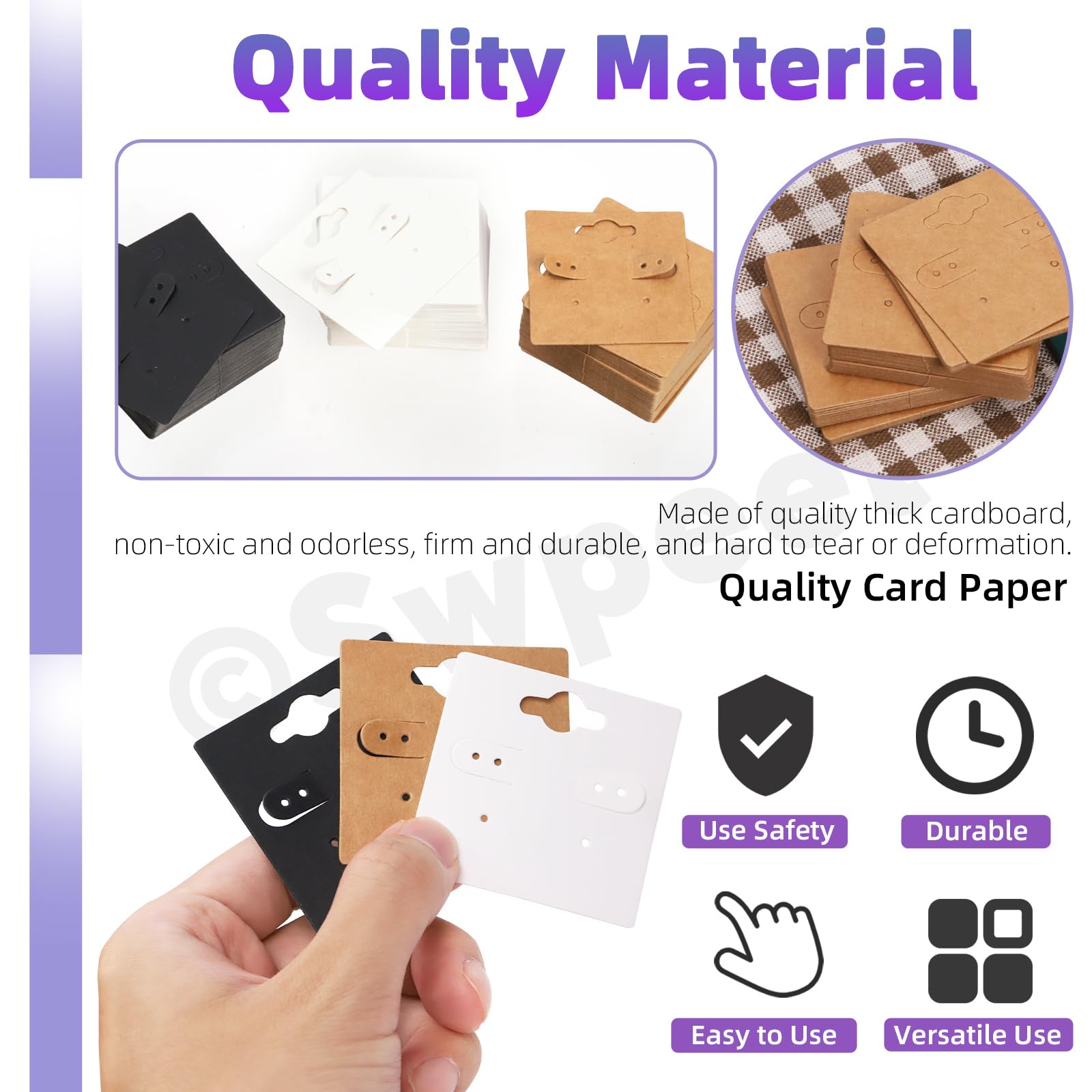 Swpeet Zestaw 400 szt. wiszących kart, w tym 100 szt. 5 x 5 cm, kwadratowe grube kartki z papieru typu kraft, kolczyki z 6 wstępnie wyciętymi otworami, 200 silikonowymi zatyczkami do kolczyków i 100