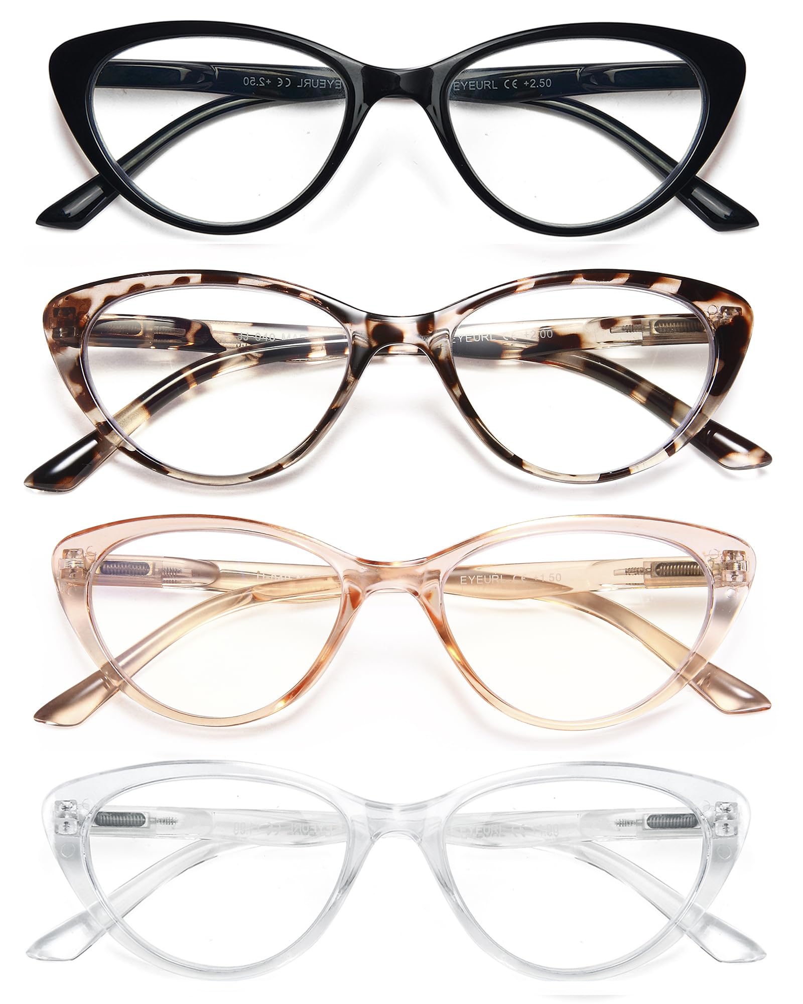 EYEURL 4-Pack Cat Eye Reading Glasses for Women- Blue Light Blocking Readers with Spring Hinges,Anti-Glare Reading Glasses,1.5