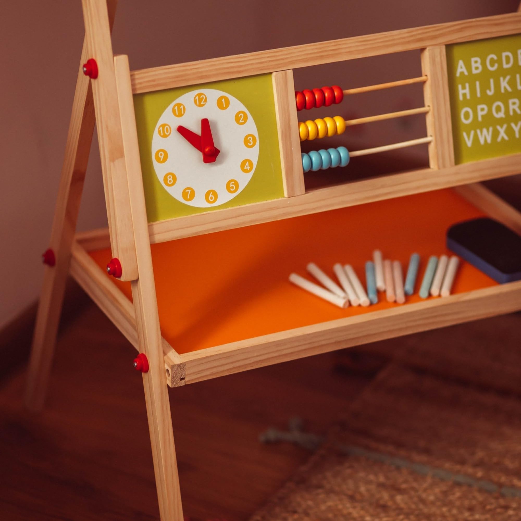 Mamabrum Pizarra Infantil Magnética 2 Caras con Estante - Pizarra Blanca y de Tiza con Accesorios, Ábaco y Reloj - Magnetica Infantil de Madera 98 x 45cm para Aprendizaje