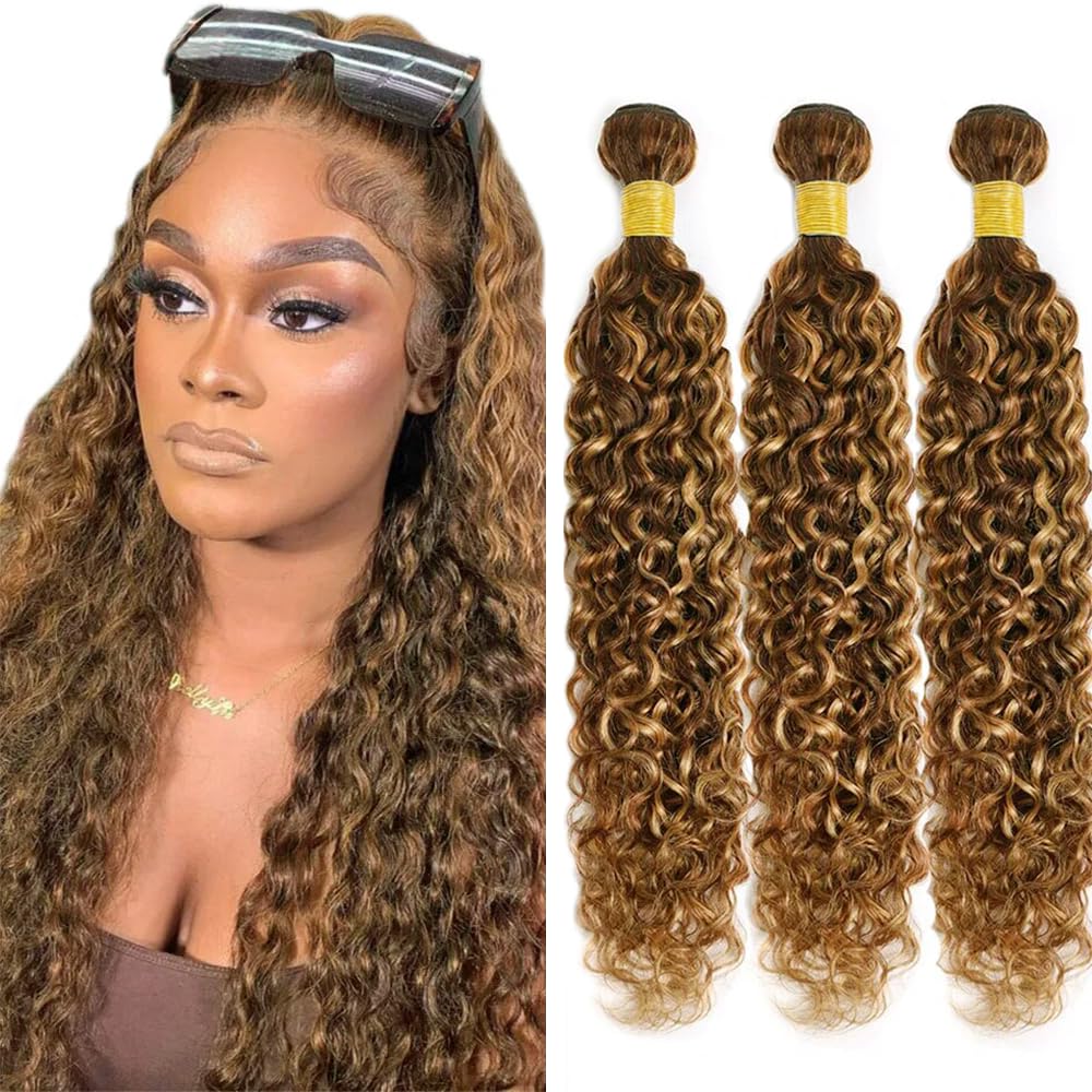 Ombre Curly Bundles Human Hair 4/27 Human Hair Bundles Highlight Honey Brown 3 Bundle 150G Double Weft 16 18 20 Inch Brazilian Virgin Remy Hair Extensions Deals