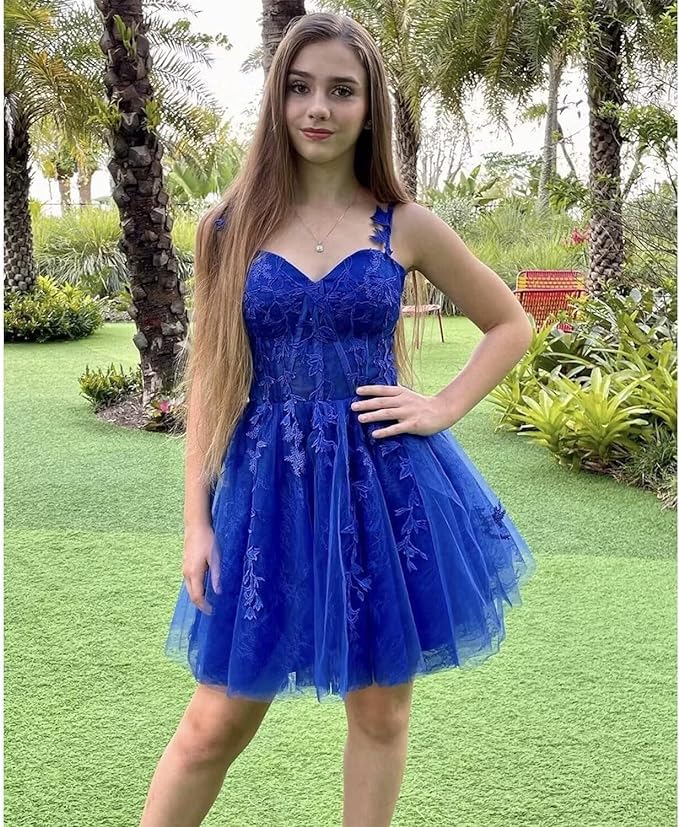 Lace Applique Beaded Short Homecoming Dresses Tulle Spaghetti Straps Mini Cocktail Party Prom Dress4