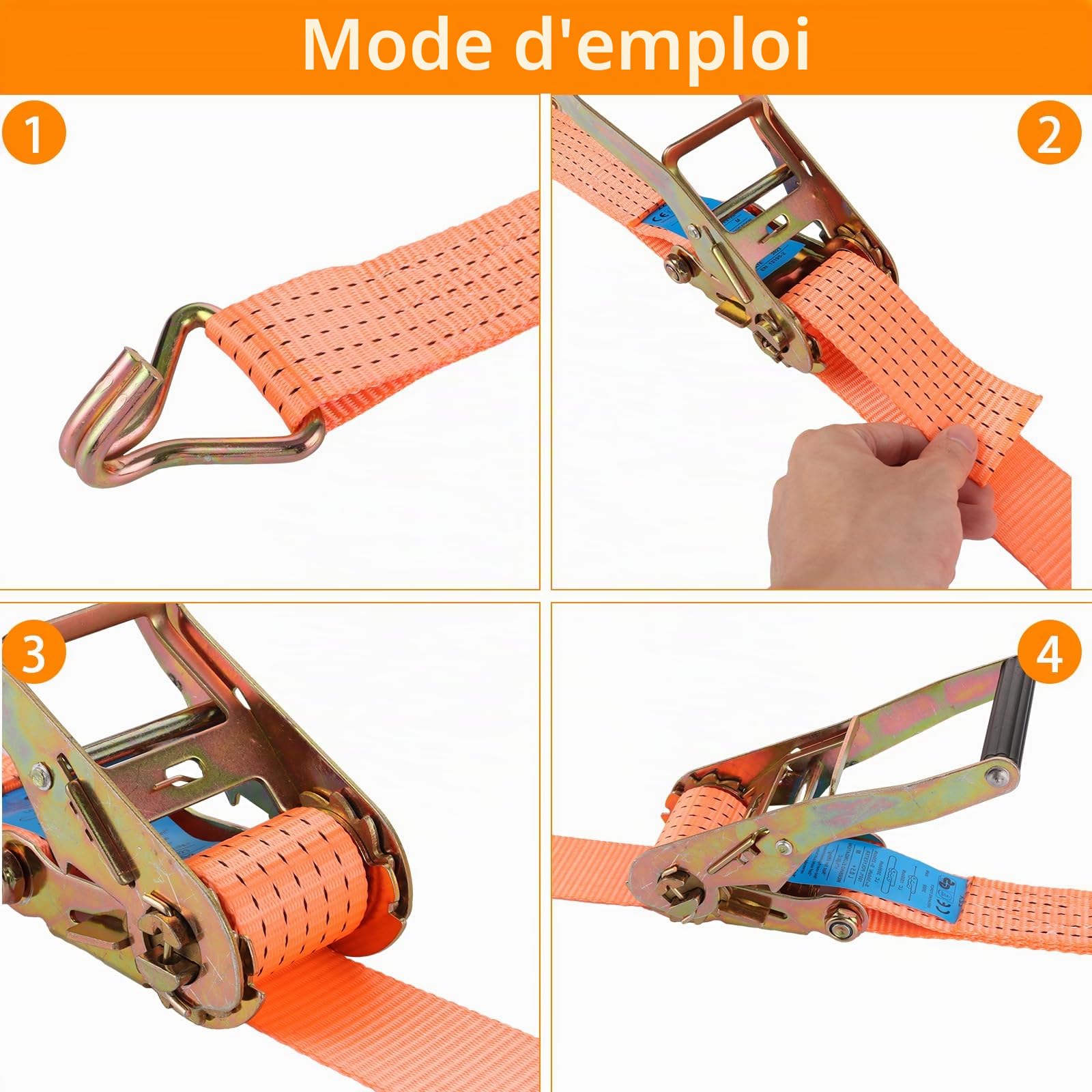Lot de 2 Sangle a Cliquet 10m x 50 mm, Sangle a Cliquet 3000kg avec Crochet, Sangles D'arrimage Orange, Sangles à Cliquer pour Remorque, Moto, Voiture, Cargo