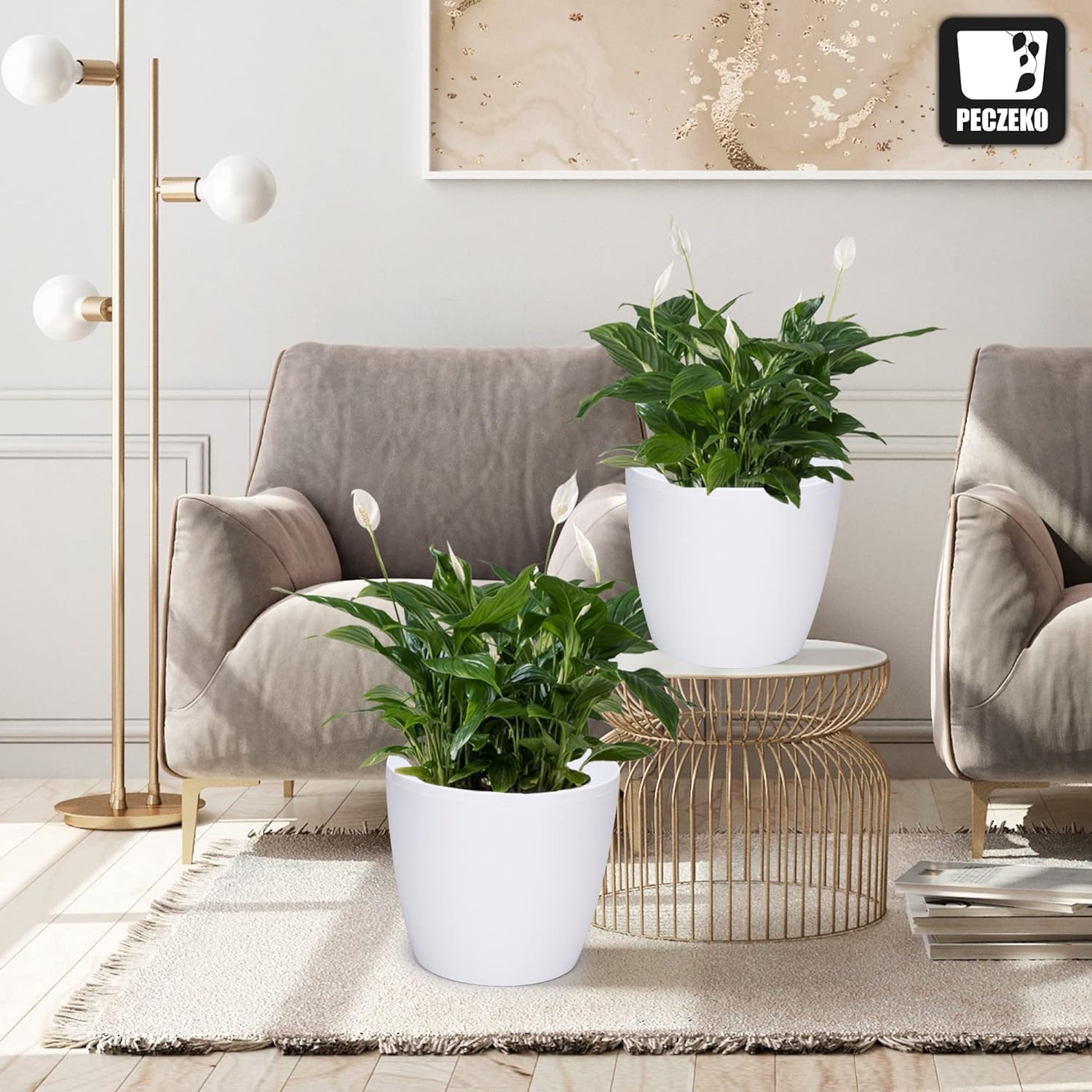 Pots de fleurs brillants - Pots de décoration pour fleurs et herbes - Pots de plantes ronds en plastique durables et légers pour salon et salle à manger, cuisine, terrasse, balcon - Lot de 2