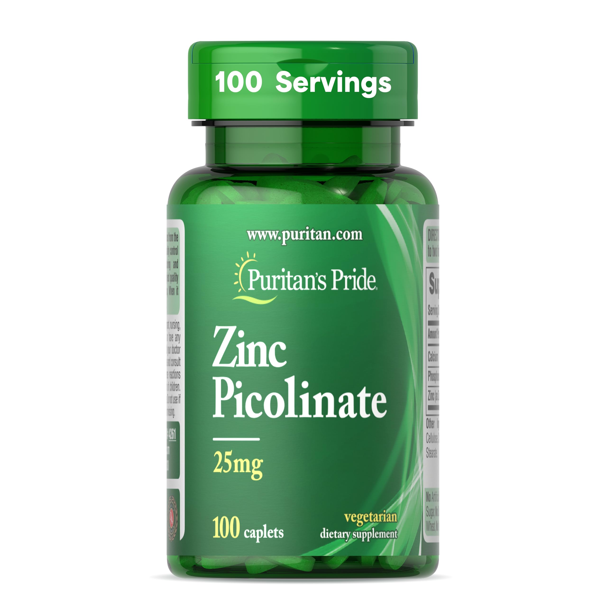 Zinc Picolinate Zinc 25mg with Calcium and Phosphorus, Vegetarian Dietary Supplement for Immune System, Energy Metabolism, Cell Division and Growth Support, 100 Caplets