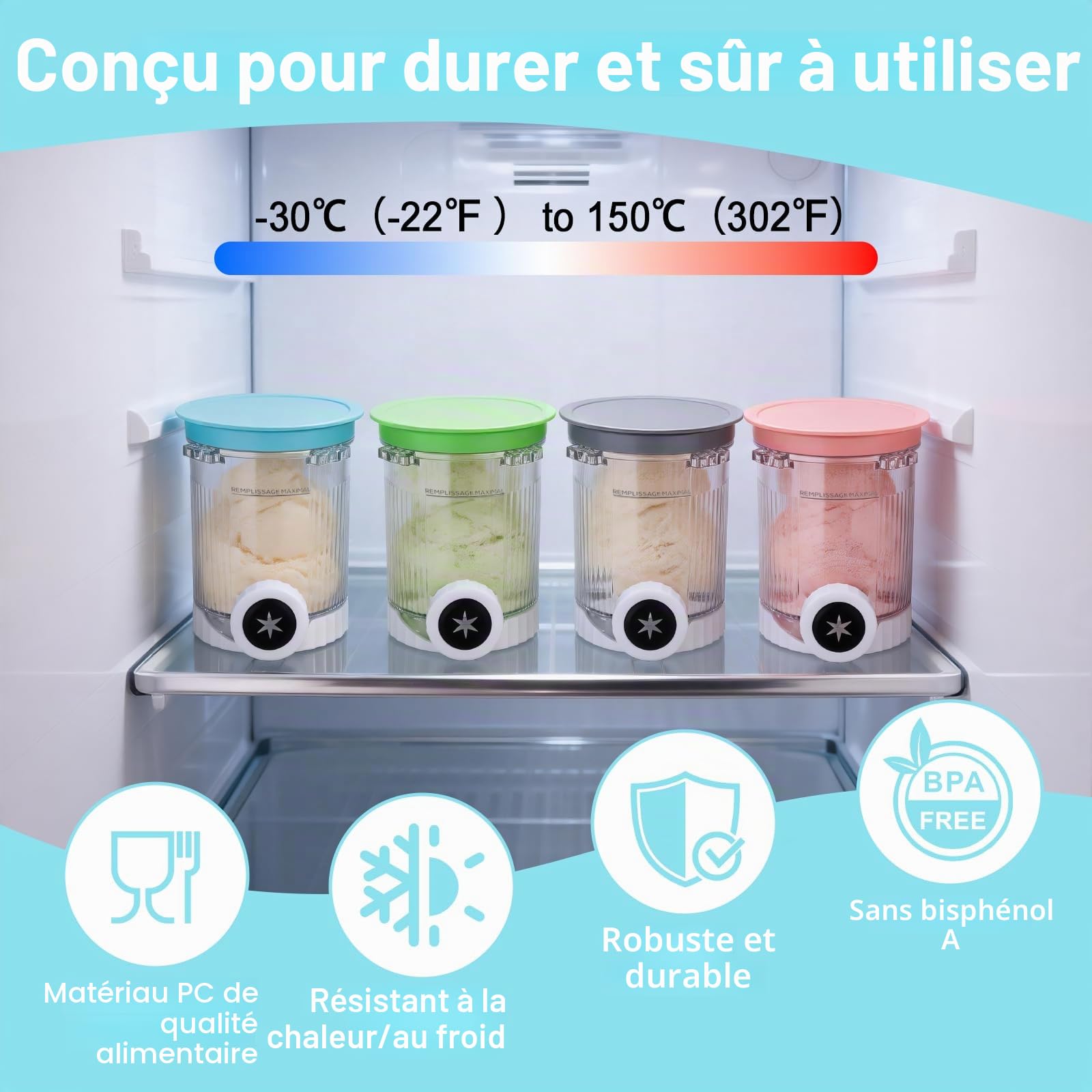 Lot de 4 récipients à crème glacée avec couvercles pour Ninja Creami Swirl, 480 ml, accessoires de rechange pour machine à crème glacée Ninja série NC700/NC701 (sans BPA et passe au lave-vaisselle)