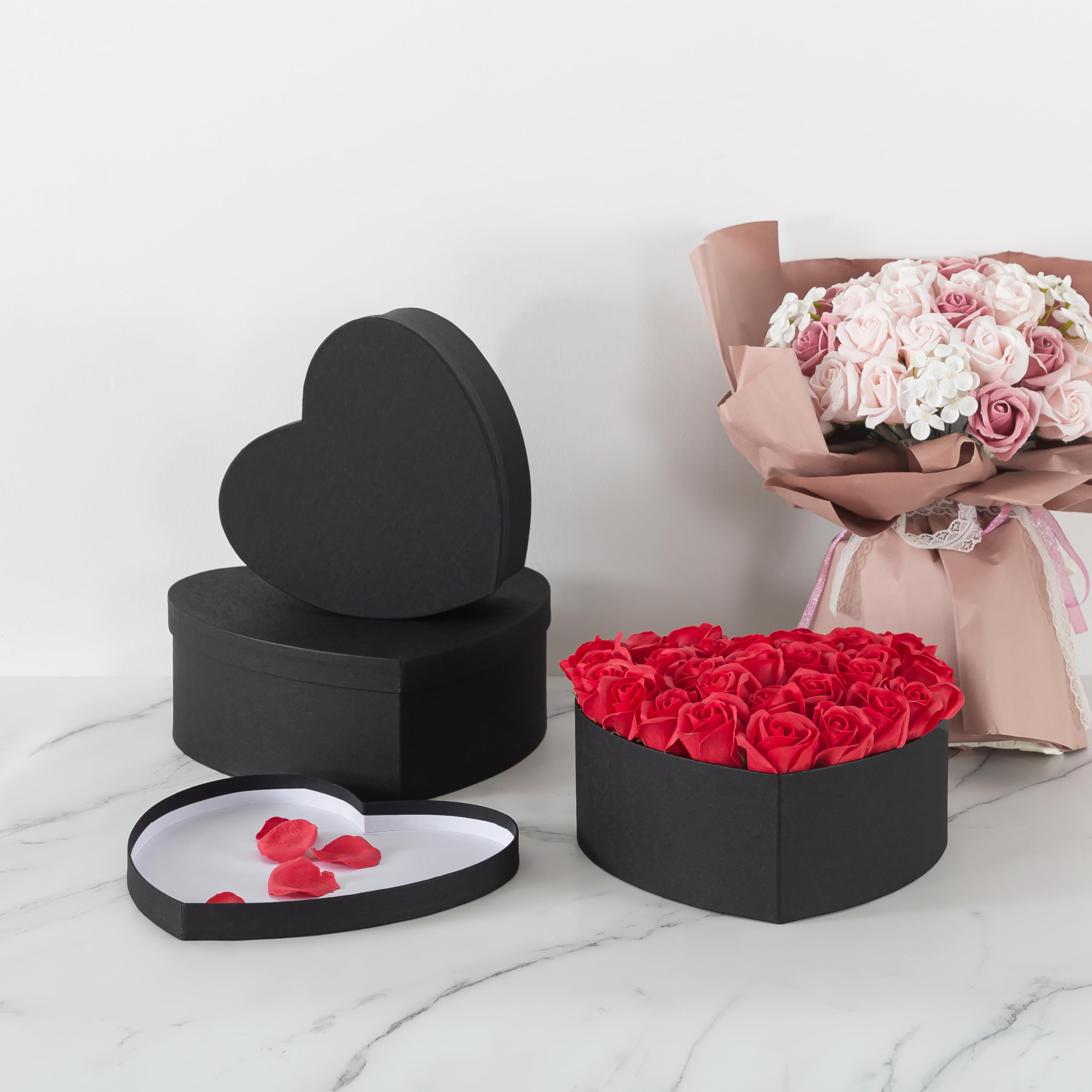 Soul & Lane Scatole regalo a forma di cuore: set di 3 scatole vuote in cartapesta con coperchio per fiori, regali, fragole di cioccolato e occasioni speciali, scatole di cartone nero a forma di cuore