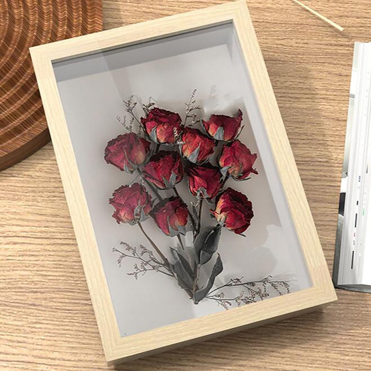 8x10 Shadow Box Picture Frame with Soft Linen Back Display Case with Soft Felt Back, Memory Box with Tempered Glass,Wooden Flower Box
