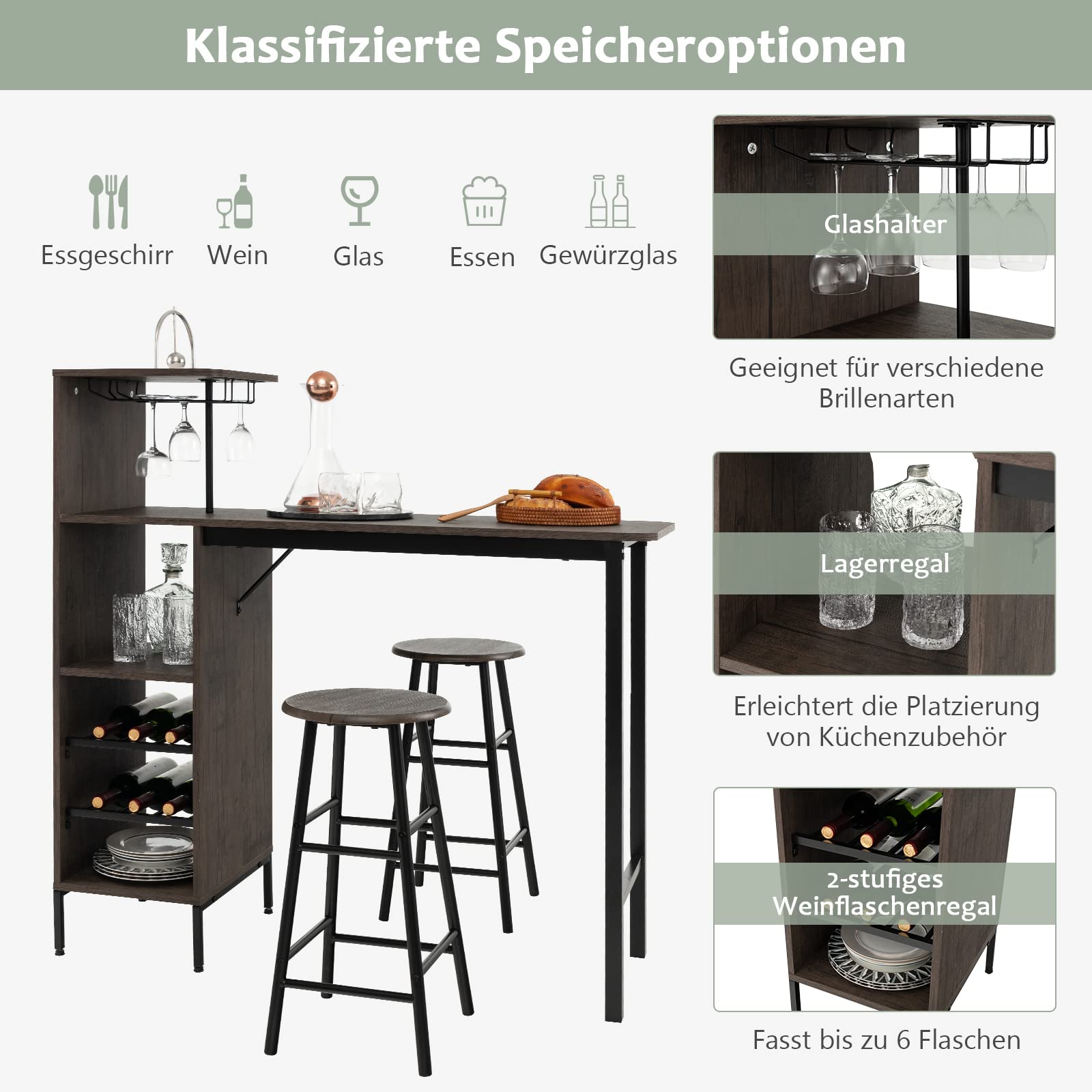 GOPLUS Bartisch mit Barhocker, 3-teiliges Bistrotisch-Set mit Glashalter & Lagerregalen, Kneipentisch mit 2 Hockern für Esszimmer, Restaurant & Kneipe