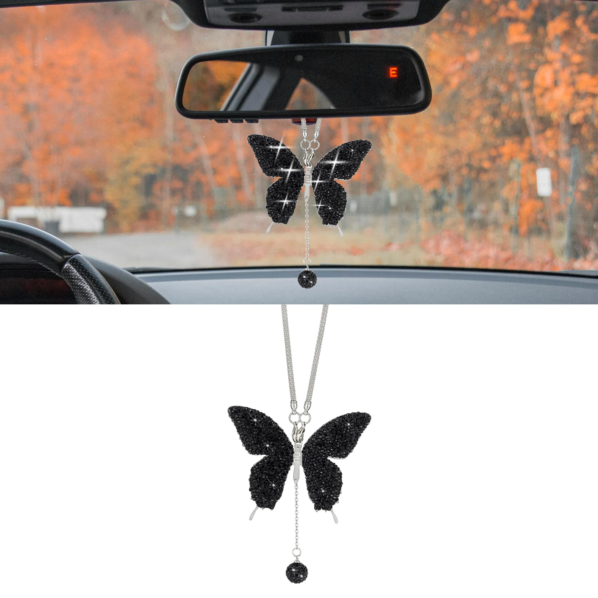 Bling Butterfly Diamond Car Mirror Hanging - Crystal & Plush Ball Charm For Women's Car Decor - View #8