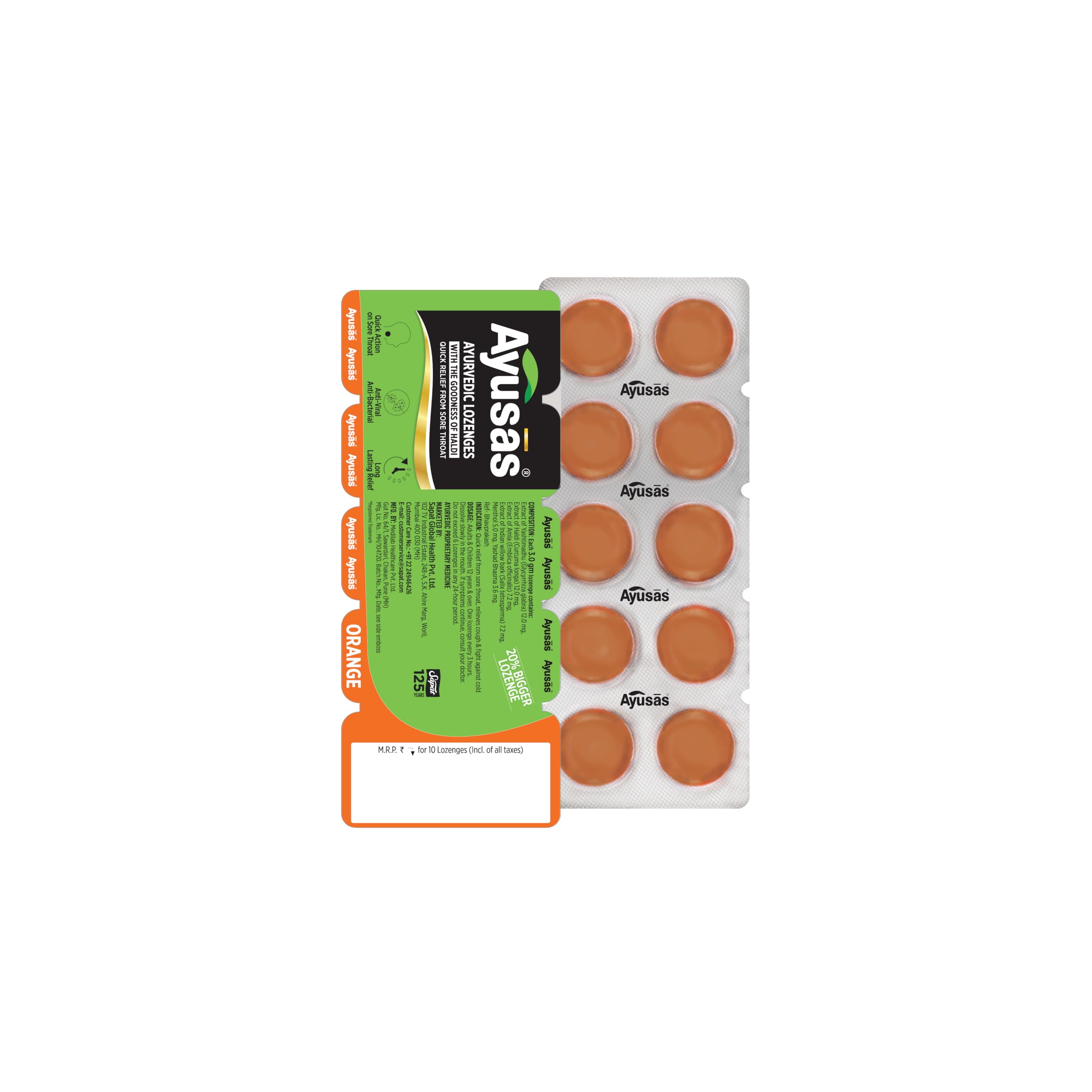 Sapat Ayusas Ayurvedic Lozenges with goodness of Haldi| Quick Relief from Sore Throat|10 Lozenges Blister Pack (10 x 10 Lozenges Blister Pack) 100 Lozenges (B0CSDCQRVB) Amazon Price History, Amazon Price Tracker