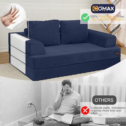 Miniatura 7 de COMAX Sofá cama convertible, sofá plegable de pana plegable, sofá cama futón con almohadas, sofá sin hueso, cómodo sofá biplaza para sala de estar y