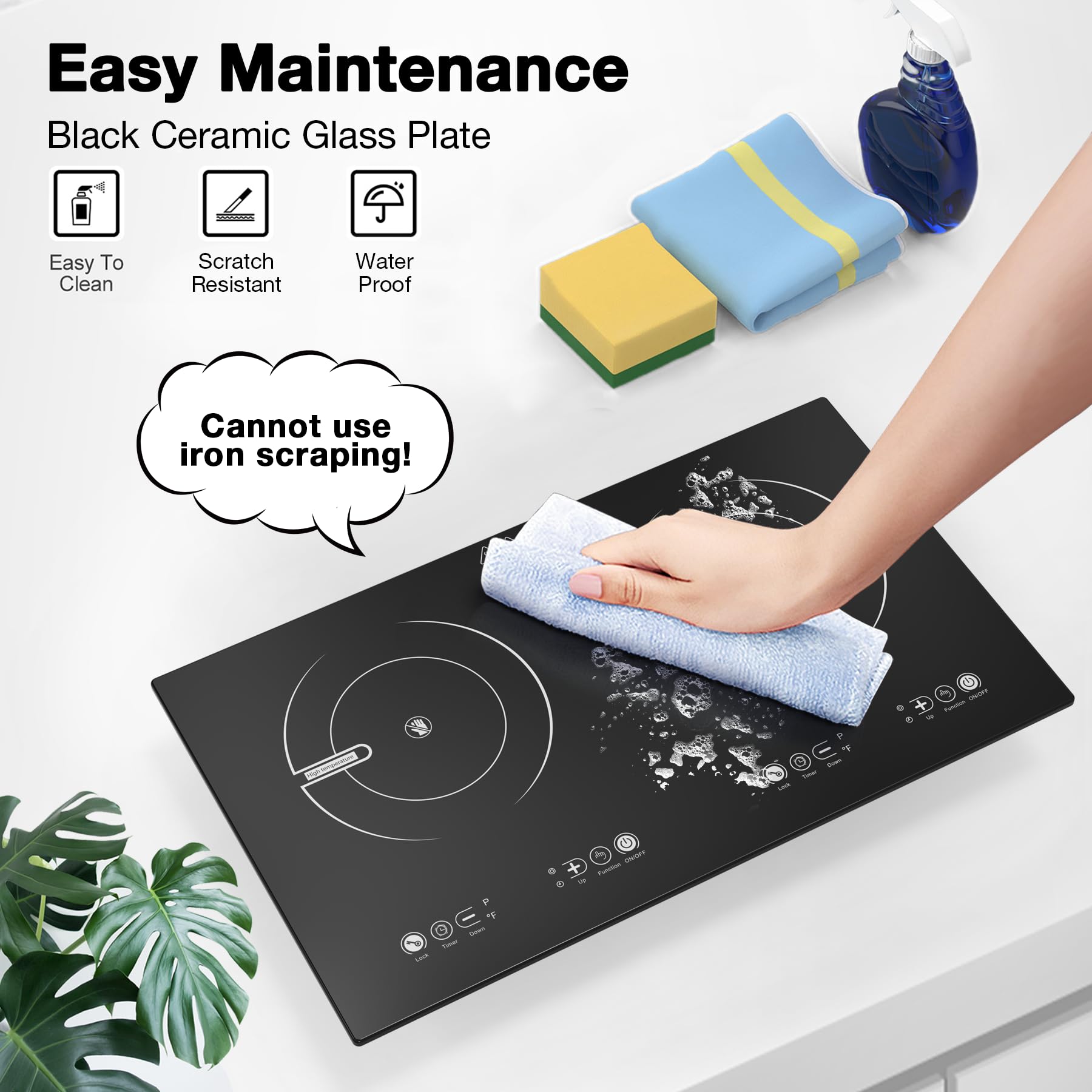 Cocina eléctrica de 2 quemadores, estufa eléctrica de 110 V 2400 W con control táctil, 9 niveles de calefacción, temporizador y seguridad para niños 7