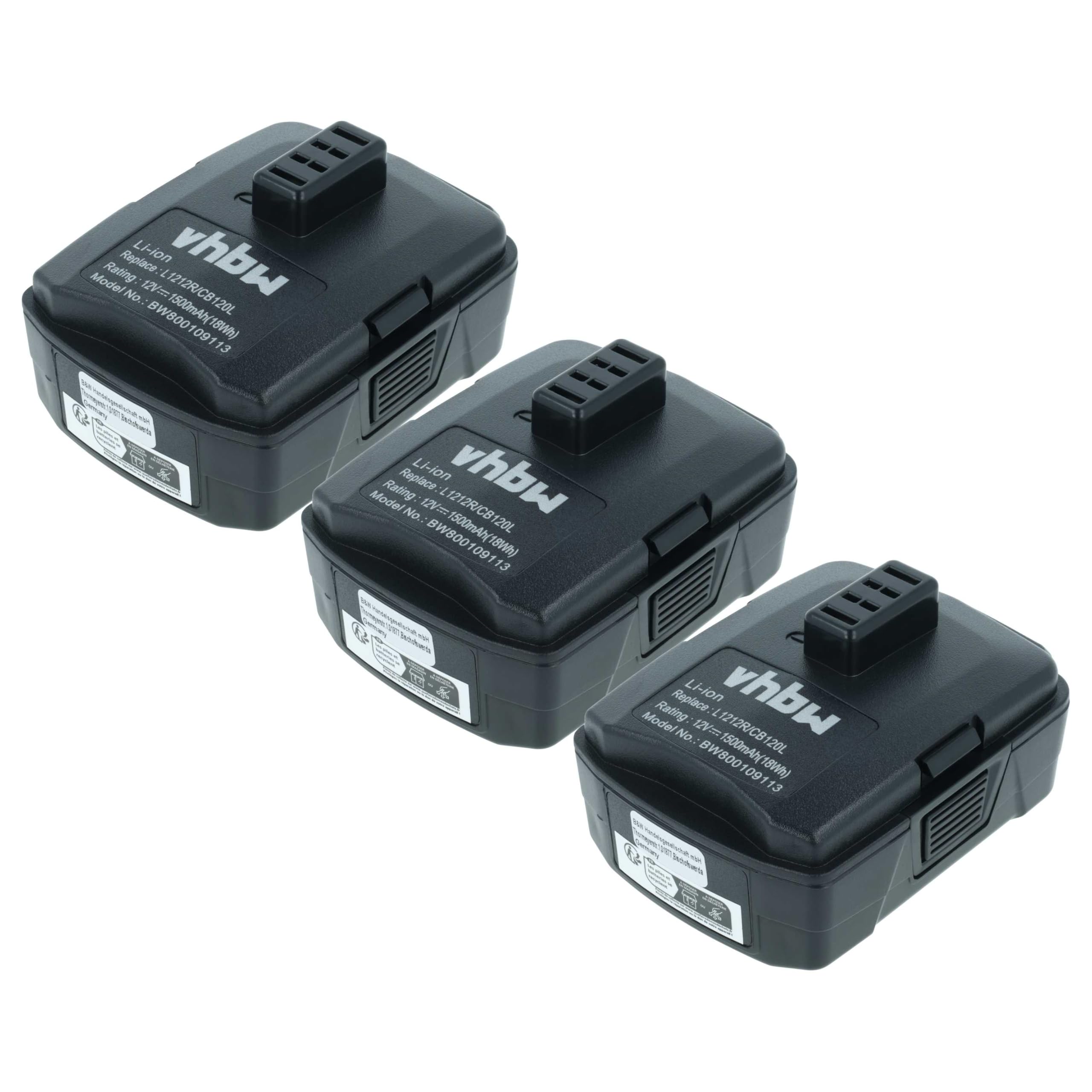 vhbw 3x akumulator kompatybilny z Ryobi CK212DA, CAH120LK, CD100, BID-1201, CS-1201, CKF-120LM, CR-1201 (1500 mAh, Li-Ion, 12 V)