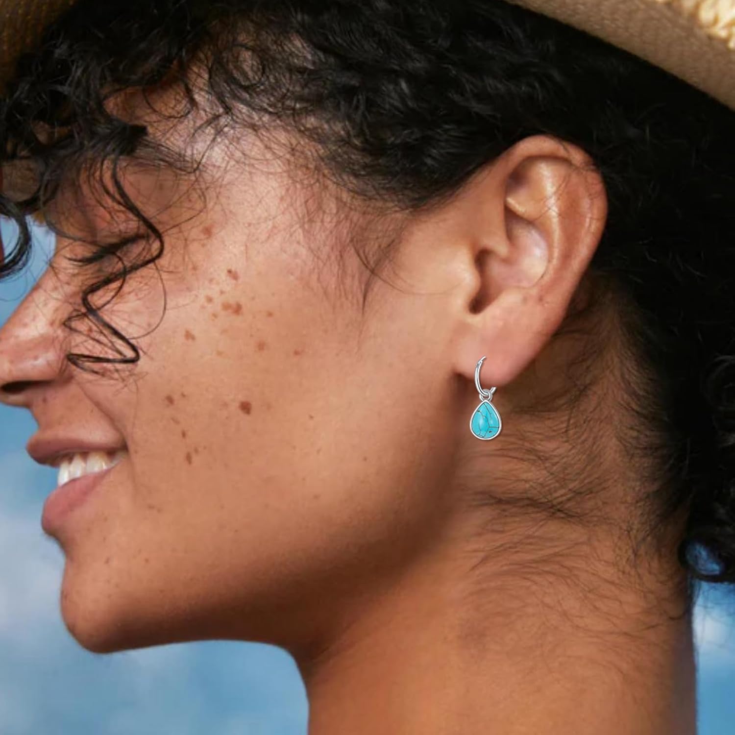 Genuine Teardrop Turquoise Dangle Earrings for Women, Sterling Silver Native American Western Hinged Hoop Earrings Birthday Gift - Image 4