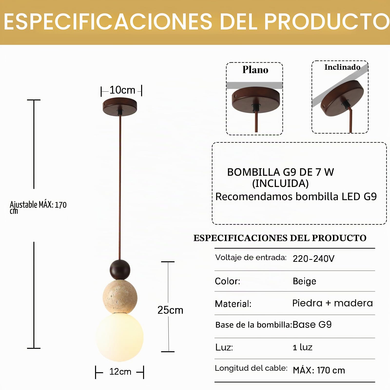 Lampara Colgante de Piedra Caliza Amarilla Wabi Sabi Lámpara Japonesa Madera Y Piedra Esférica Decorativa Altura Ajustable Lamparas techo Moderna Para Dormitorio Comedor Sala Y Cocina