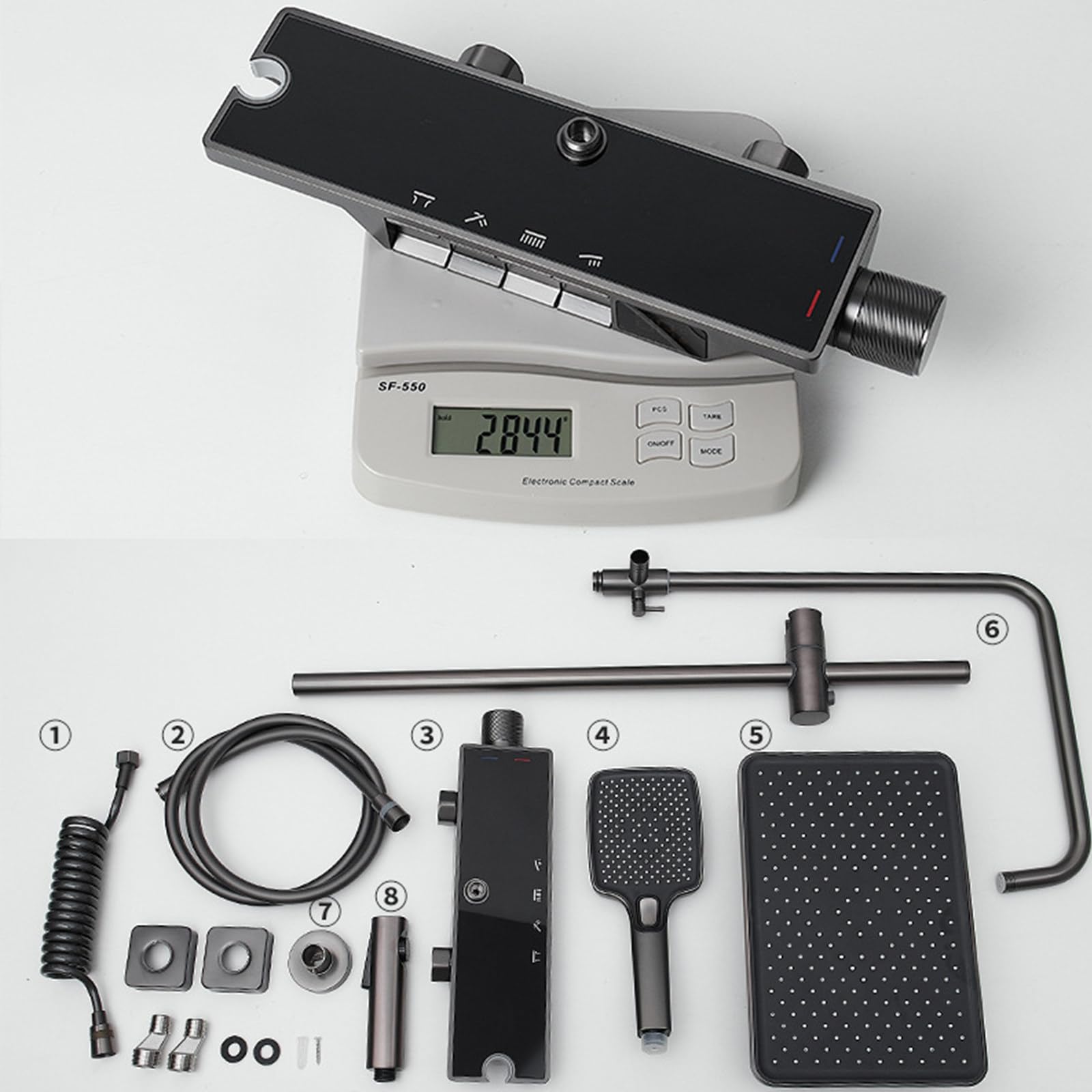 Set Rubinetto Doccia Grigio con Display della Temperatura, Miscelatore a 4 funzioni, soffione a Pioggia, doccetta, doccetta Bidet, beccuccio per Vasca.