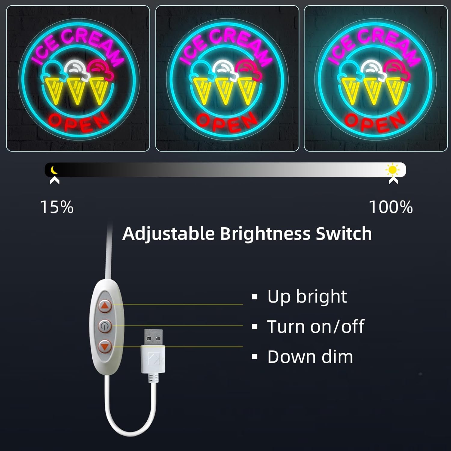 Ice Cream Open Neon Sign for Wall Decor, Gelato Open Logo LED Light Sign USB Powered Dimmable Neon Signs for Business Restaurant Bar Girls Bedroom Coffee Ice Cream Shop 13.2"×13.2" - Image 5