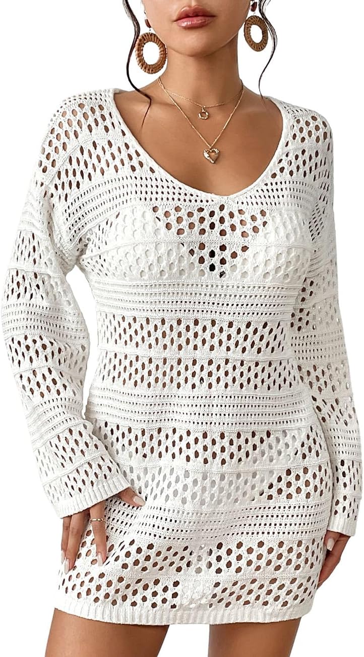Crochet Coverups for Women Swimwear Knit Top Beach Cover Up Hollow Out Vacation Dress Summer Outfits White