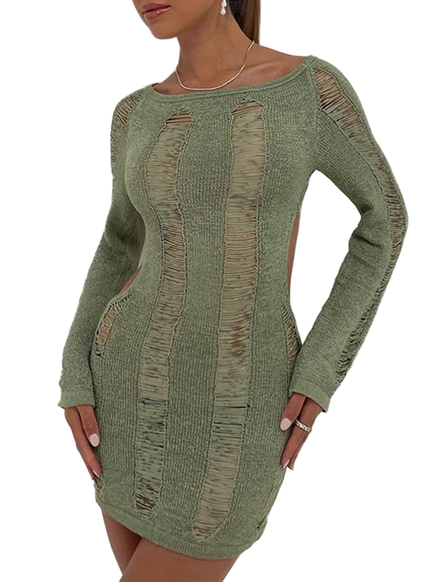 Acrawnni Women Y2K Hollow Out Dress Long Sleeve Round Neck Mesh Cut-Out Wrapped Mini Dress Clubwear Party Cocktail Clothes (A-Light Green, S)