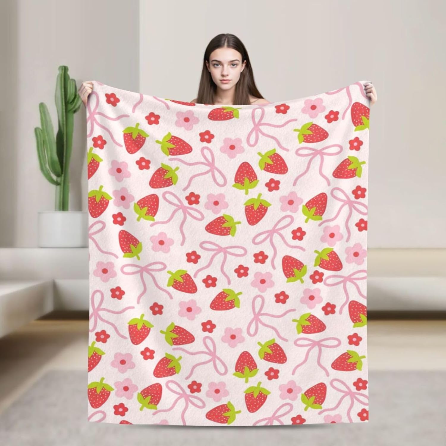 Cute Strawberry Bow Decor Throw Blanket Pink for Kids - Soft Fleece Throw Home Decor for Girls Women Teens as Birthday Gifts, Cozy Fruit Pattern Blankets for Couch Bed Camping 50x40inches - Image 2