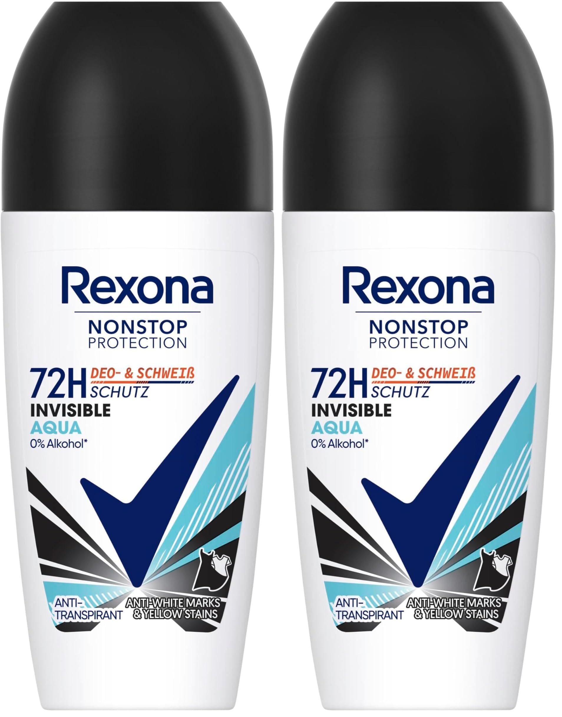 Rexona Nonstop Protection Deo Roll-On Invisible Aqua Anti Transpirant mit 72 Stunden Deo- und Schweiß-Schutz gegen weiße Rückstände und gelbe Flecken auf der Kleidung 50 ml (Packung mit 2)