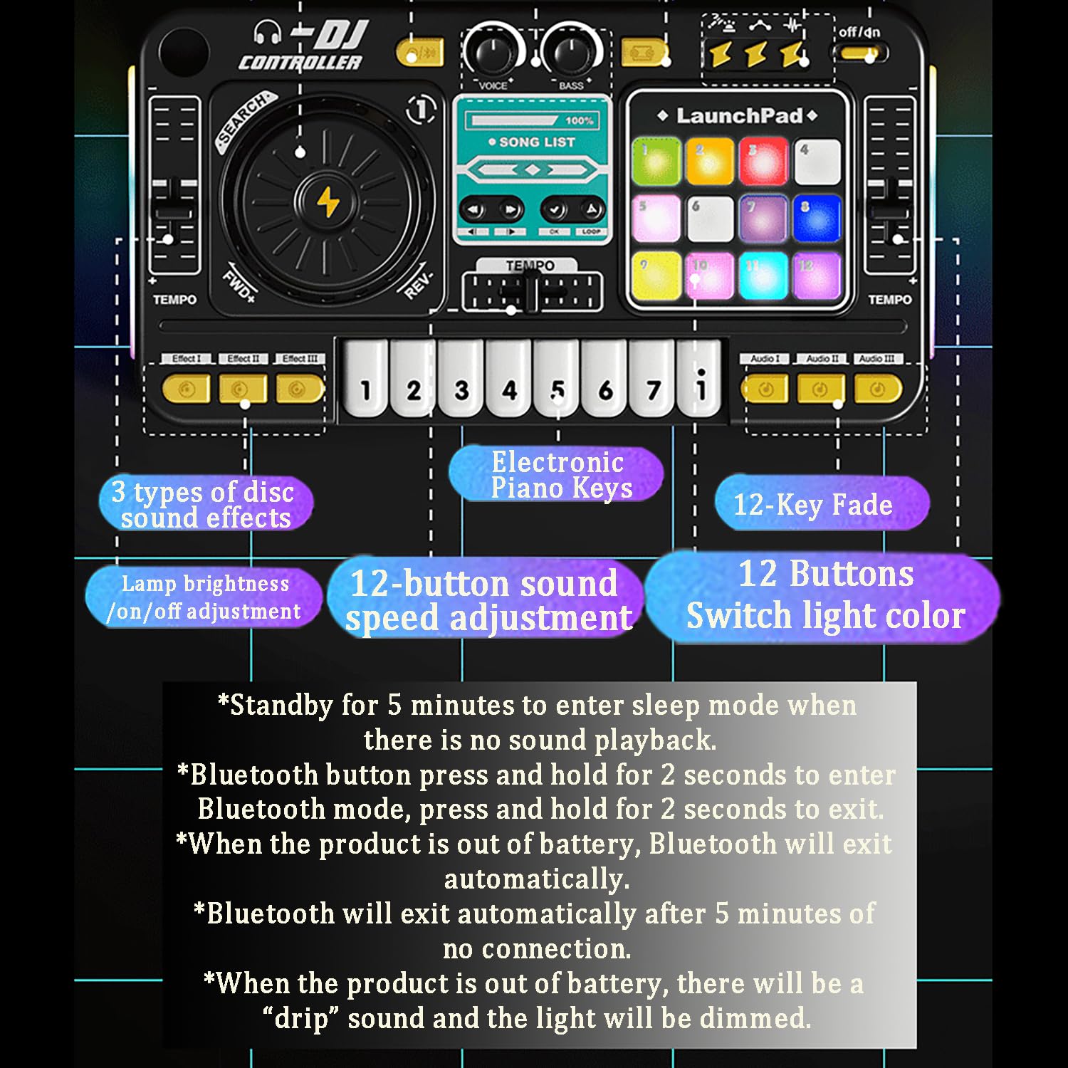 Console DJ Portatile con Mixer e Bluetooth, Stazione con Microfono Regolabile e Effetto di Luce Gradiente - Adatto a Bambini da 6 a 12 Anni e Principianti
