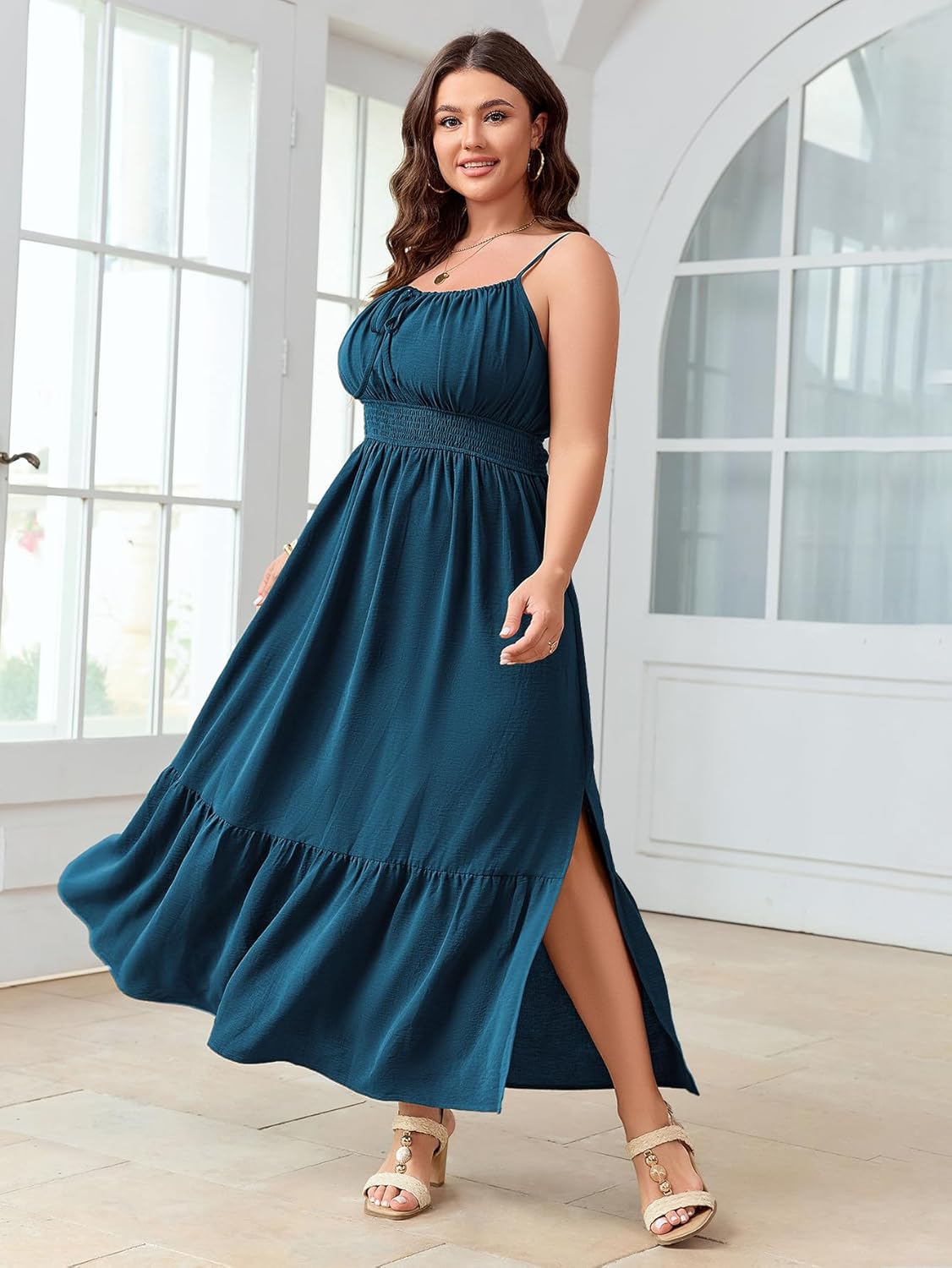 SCOMCHIC Plus Size Summer Boho Dresses Spaghetti Strap Sleeveless Casual Sundress Smocked Flowy Slit Beach Maxi Dress - Image 5