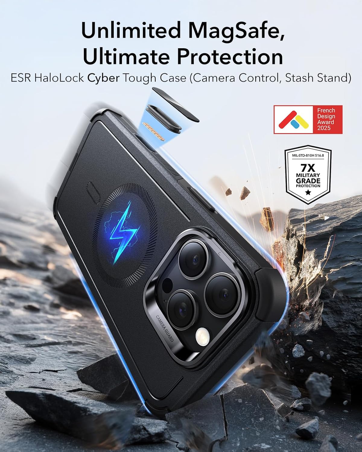 ESR for iPhone 16 Pro Max Case with Stash Stand, Camera Control, 23FT Military-Grade Shock-Absorbing Drop Protection, Compatible with MagSafe Accessories, Magnetic Cyber Series, Black - Image 3
