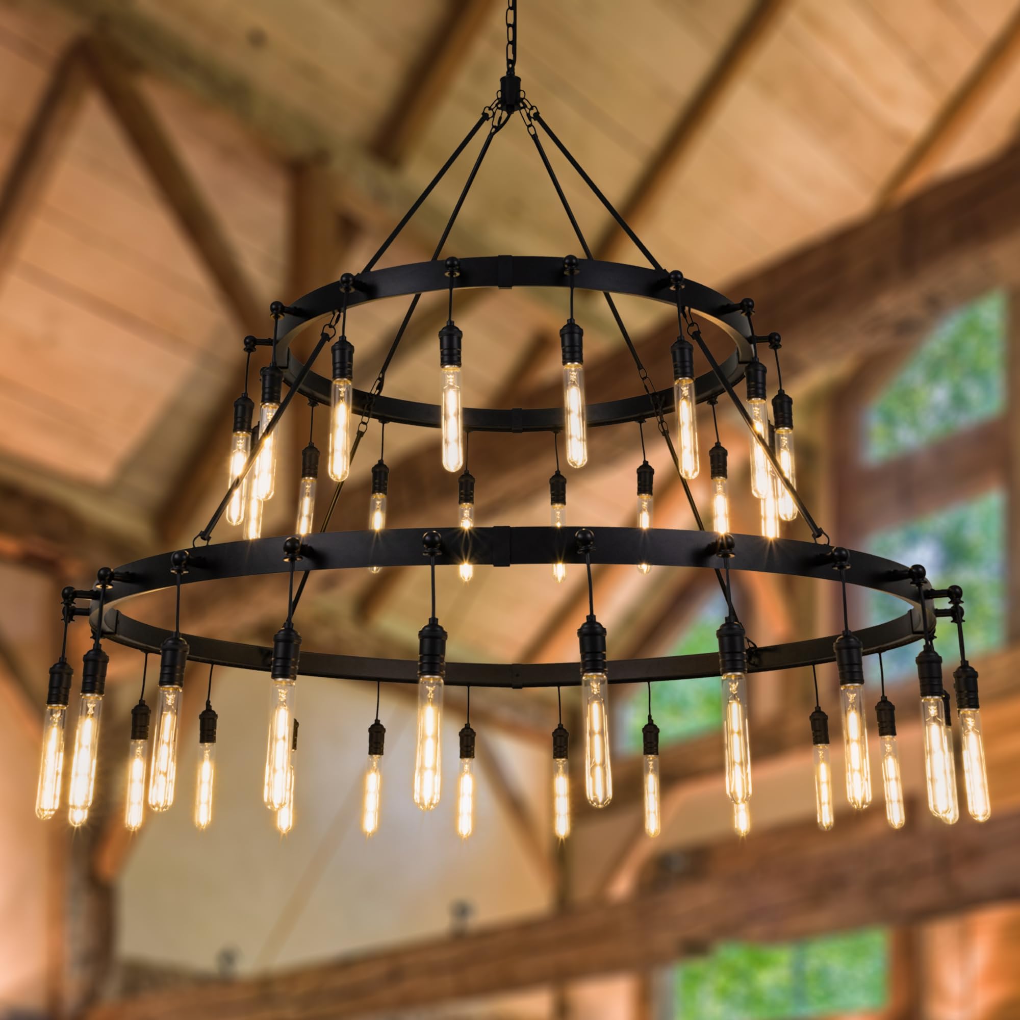TOCHIC Black Chandelier Light Fixture, 60" W Farmhouse Round Wagon ...