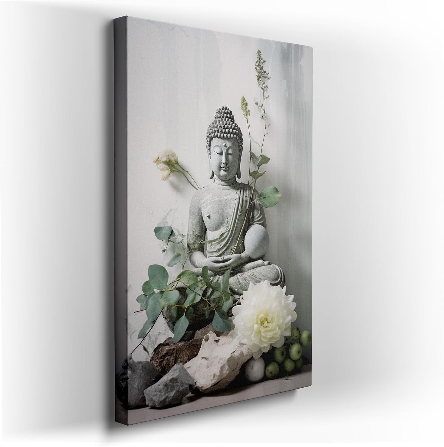 Canvas for Living room. Serenity Embodied: Unveiling the Grey Buddha Amidst Nature's Harmony, 27 x 18 inch Canvas Wall Art - Ready to Hang - 69x46 cm (27x18 inch)