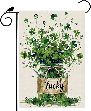 Lucky St. Patricks Day Green Shamrocks Four-leaf Clovers Glass Bottle Garden Flag Yard Flag 12x18 Inch Double Sided Small Mini Yard Outdoor Outside Holiday Decoration