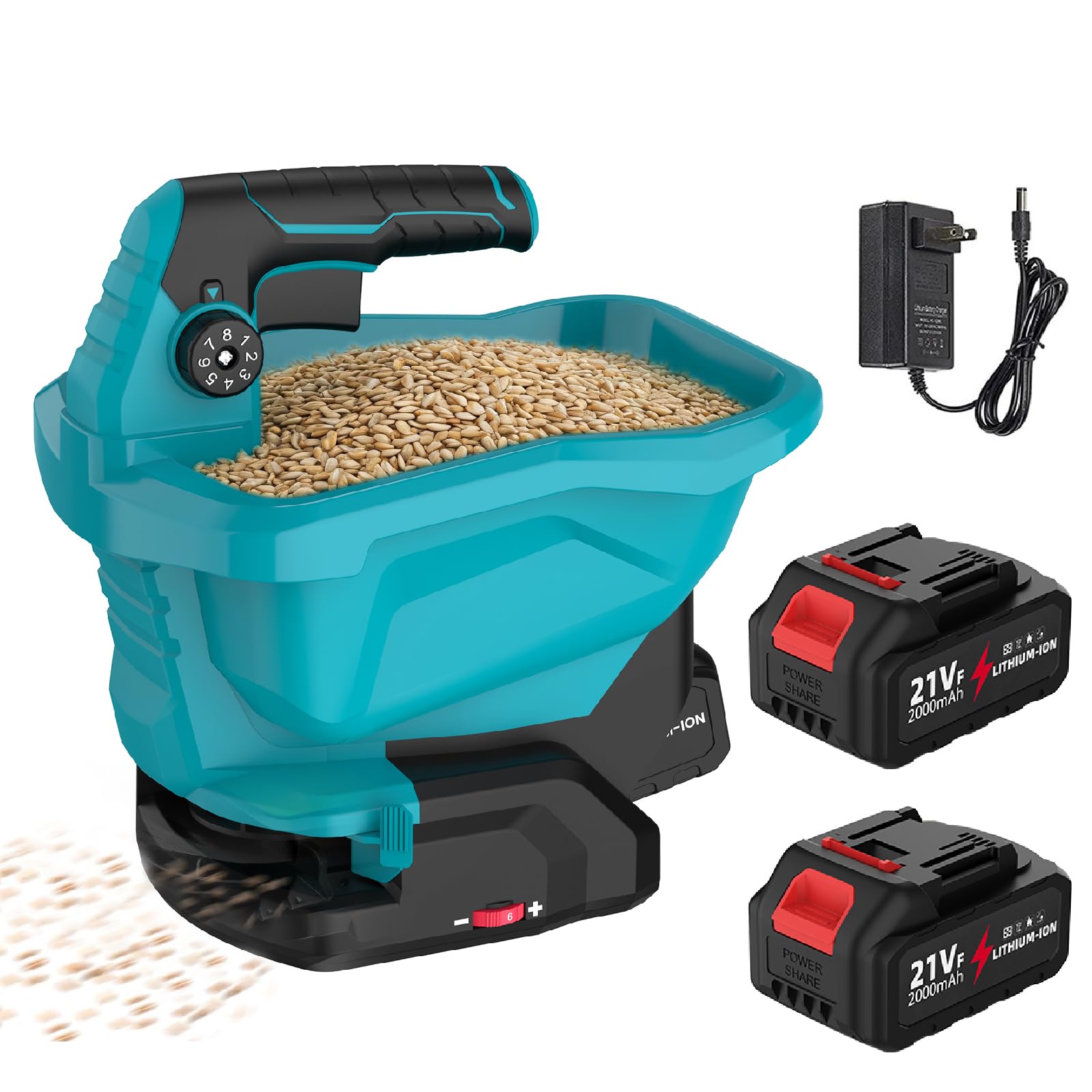 Esparcidor de abono con batería Makita de 18 V, con depósito de 3,3 L, control de semillas de 8 niveles, ángulo de dispersión de 140°, para fertilizantes, semillas, sal utilizable (2 baterías