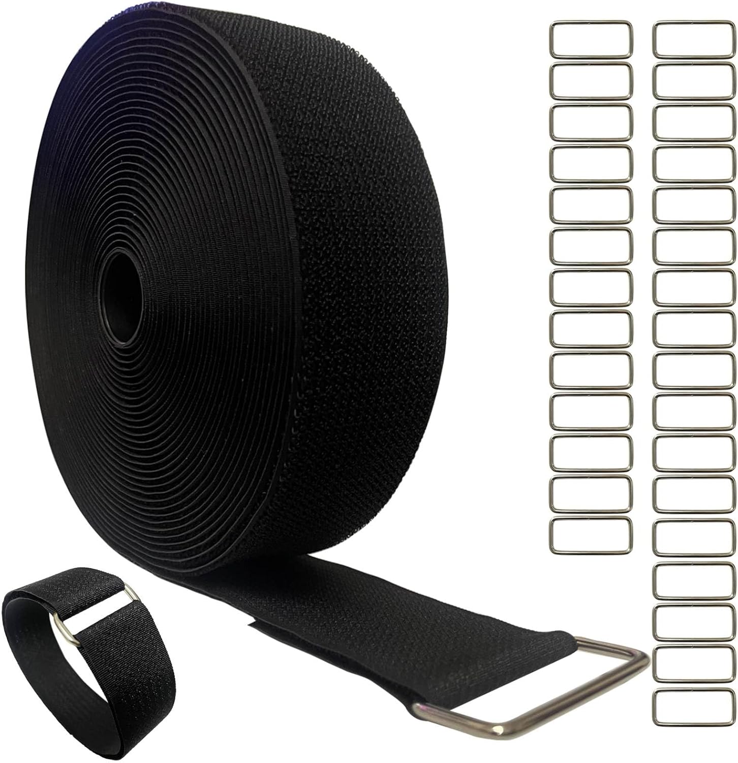 0.8in-32ft Hook and Loop Cable Straps with 50 Metal Buckles, Adjustable Fastening Straps, Reusable Free Cut Length Cord Straps