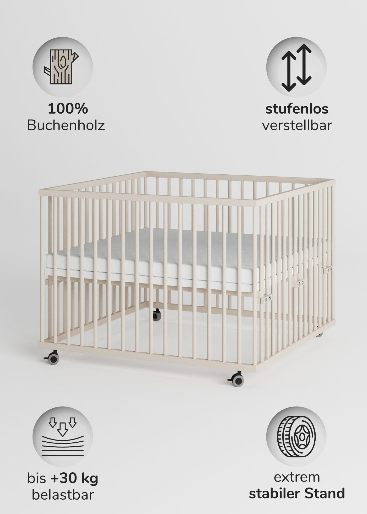 Sämann Baby Laufstall aus Holz I Baby Laufgitter 100x100 cm Sahara Dust I Inkl. Matratze Cloud Air I Robuster & höhenverstellbarer Laufstall aus Buchenholz I Mit gummierten Rollen & TÜV geprüft