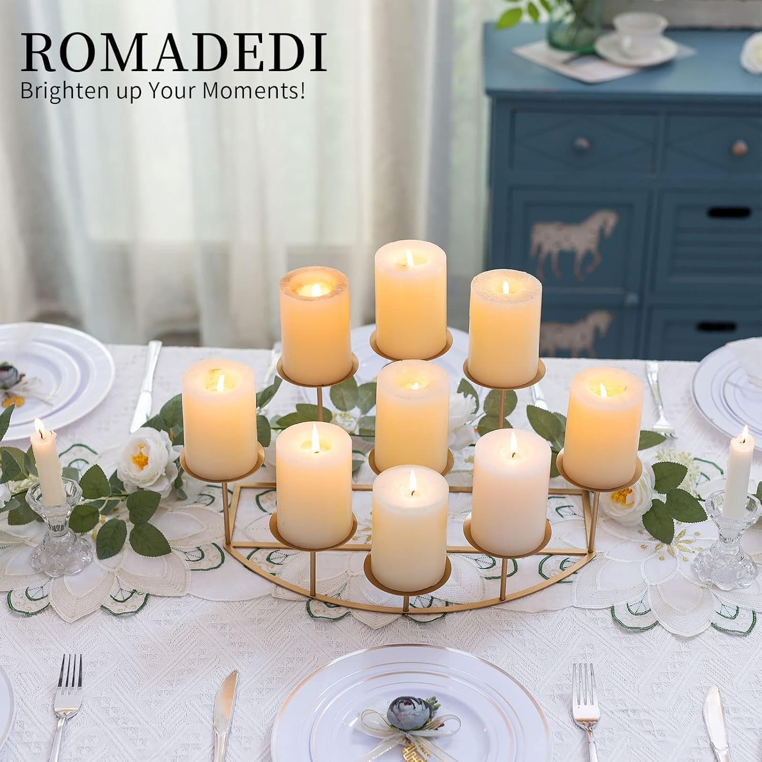 Romadedi Fireplace Candle Holder 9 Candelabra - for Pillar Candles Gold Candle Stand Iron Table Centrepiece Mantle Floor Decor Christmas Advent Decoration