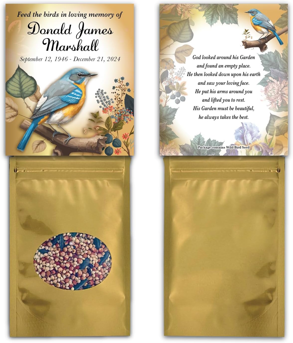 Personalized Memorial Funeral Bird Seed Packets with Choice of Sympathy Poem, Tribute, Keepsake, Wild Bird Seed Favors, Remembrance, Celebration of Life, Bluebird Garden - Qty 25