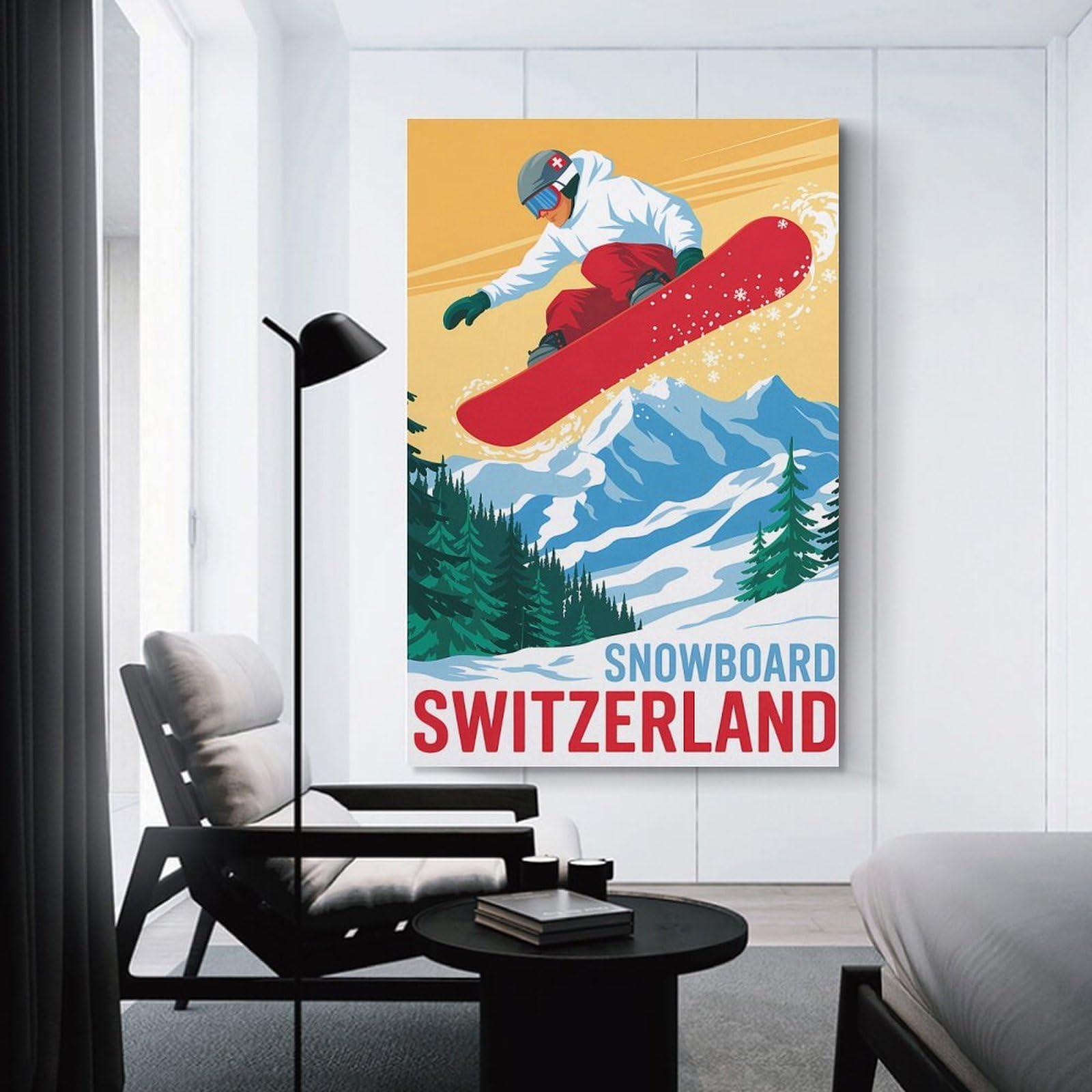 Junmoney Room Decor Wall Art Snowboard Switzerland Vintage Travel, 24x36inch(60x90cm), for Hallway, Bedroom Or Modern Interiors, Gift Idea for Housewarming And Birthdays