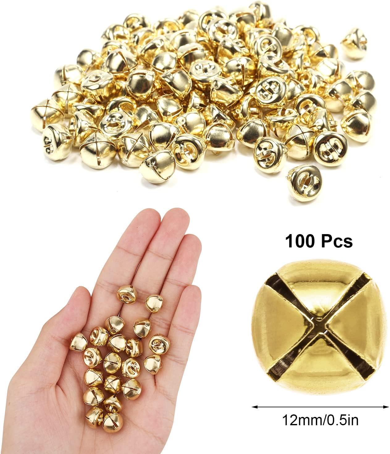 LUTER 100pcs Christmas Jingle Bells, 0.5 Inch Small Christmas Jingle Bells Ornaments Gold Bells Christmas for Wreath Jewelry Making Home Christmas Decoration(Gold)
