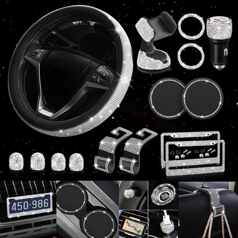 Diamond Leather Steering Wheel Cover for Women, Universal Fit 15 Inch, 2 Glitter Rhinestone License Plate Frames, Crystal Hooks, Bling Car Phone Holder Mount, 15 Premium Car Accessories Set for Women