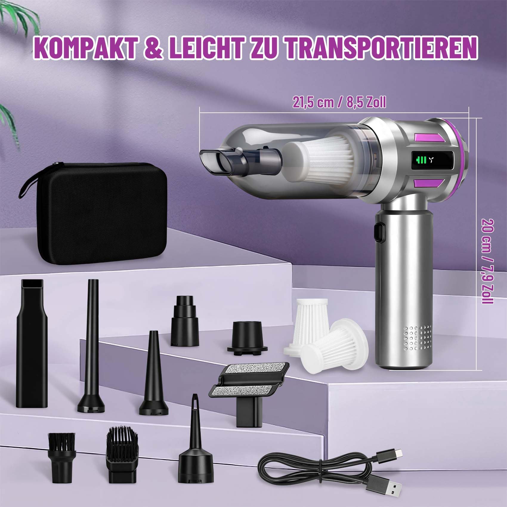 Handstaubsauger Akku Kabellos 27000Pa, Mini Autostaubsauger mit 220000rpm Bürstenlosem Motor, Leicht & Tragbar, 3-Stufen Saugkraft für Auto, Sofa, Haustierhaare, Küche & Büro