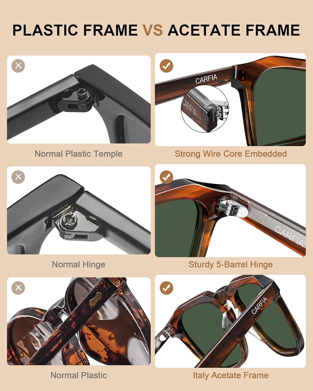 CARFIA Acetate Classic Square Polarized Sunglasses for Men Women UV400 Lenses Hand-crafted Frame Retro Outdoor Sun Glasses - Image 6