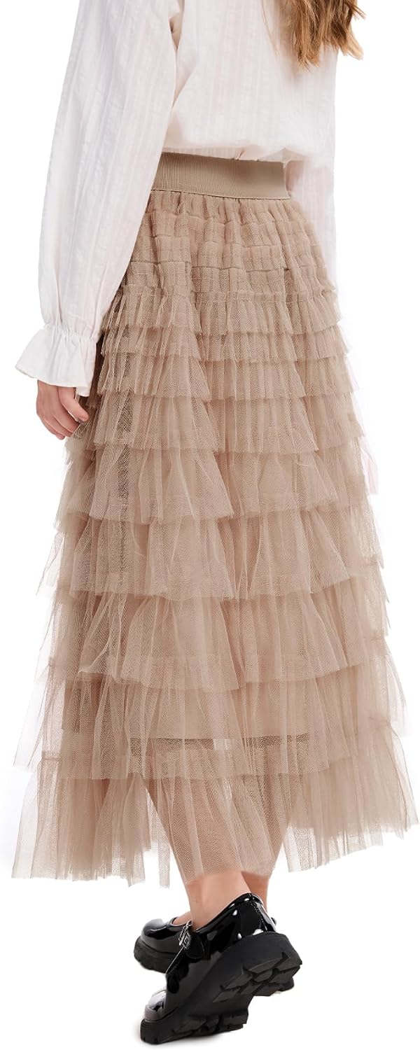 Flygo Tulle Skirts for Girls Long Tutu Skirt A Line Layered Ruffle Tiered Mesh Maxi Skirt Petticoat 5-14 Years - Image 4