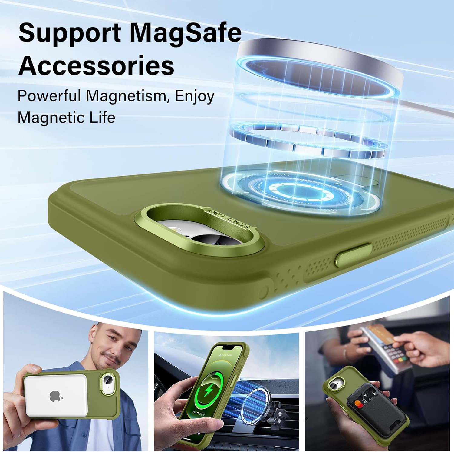 Designed for iPhone 17e Case & iPhone 16e Case with Magnetic Stand, [Military Drop Protection][Great Grip Feeling] Matte Translucent Back Slim Shockproof Cover for iPhone 17e 6.1", Olive