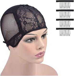 Black Double Lace Wig Caps with Adjustable Straps Swiss Lace Hairnet on the Back for Making Wig (Black M)