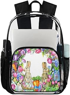 Spring Easter Coelhinhos mochila transparente mochila resistente mochila transparente impermeável flor coelho mochila transparente PVC com alça de ombro reforçada para escola, trabalho, viagens, Multicor