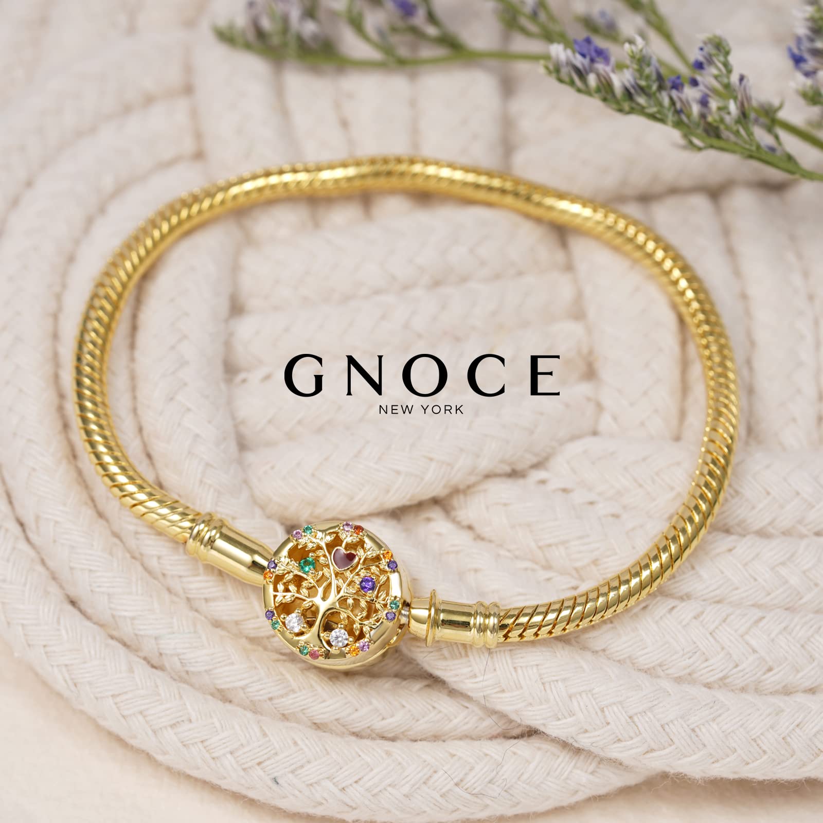 GNOCE Lebensbaum Armband aus 925 Sterling Silber 18K vergoldet mit bunten Steinen eingelegt Baum des Lebens Schmuck Freundschaft Geschenk mit Geschenkbox