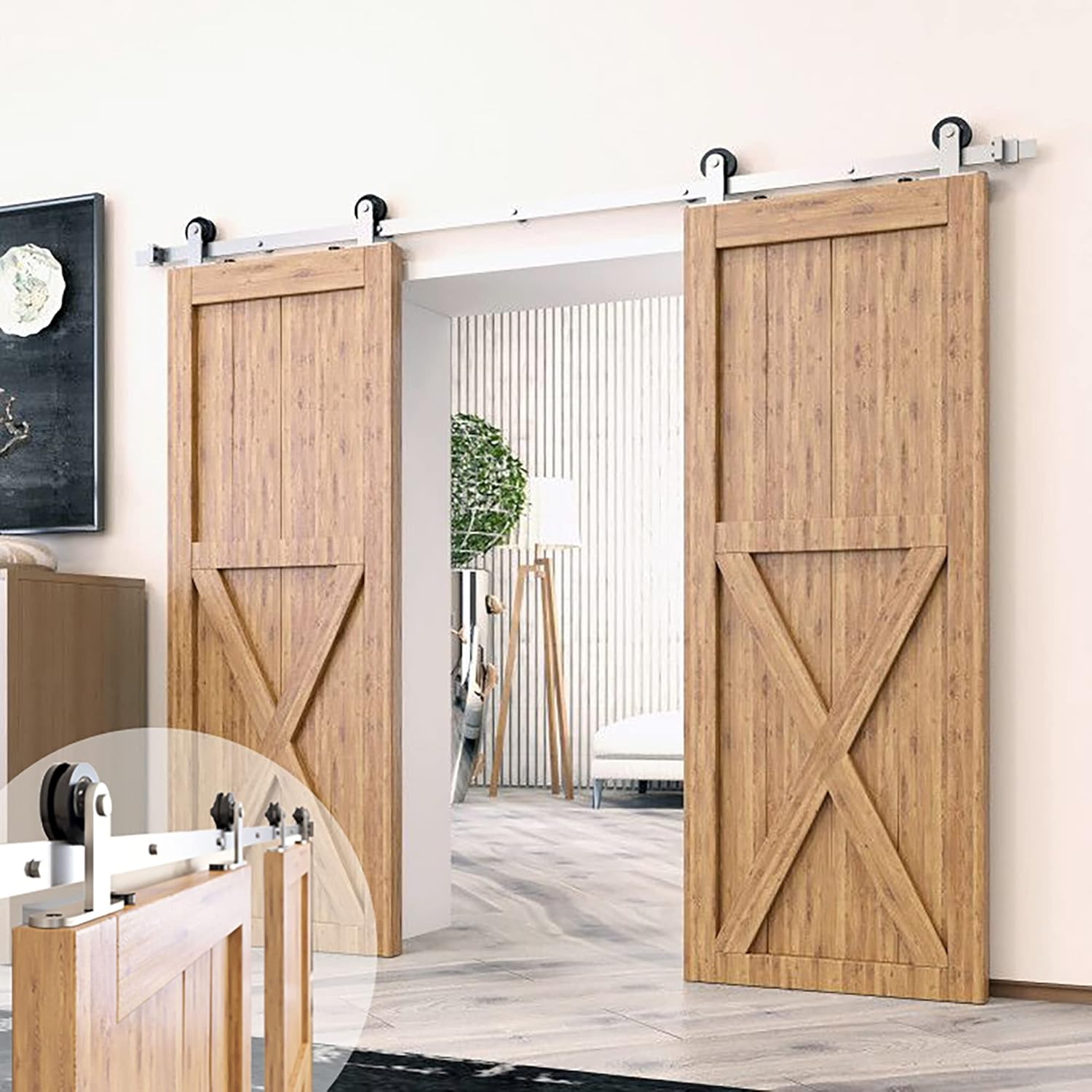 Homacer Brushed Nickel Non-Bypass Sliding Barn Door Hardware Kit, for Two/Double Doors, 11ft Long Flat Track, T-Shape Design Roller, Heavy Duty, for Interior Use